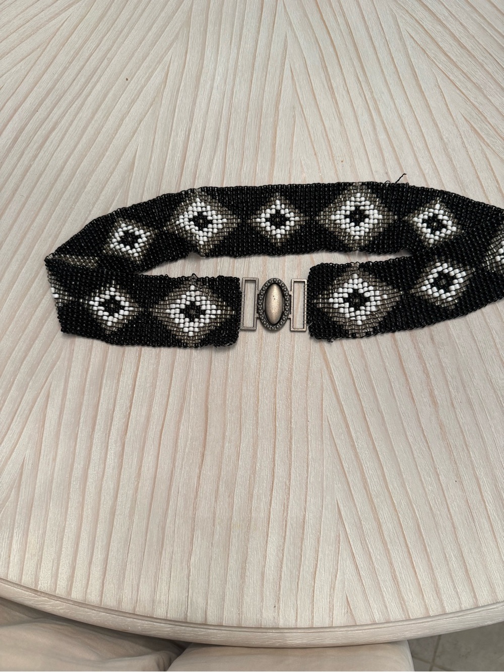 Handcrafted Black and White Beaded Stretch Belt with Geometric Motif